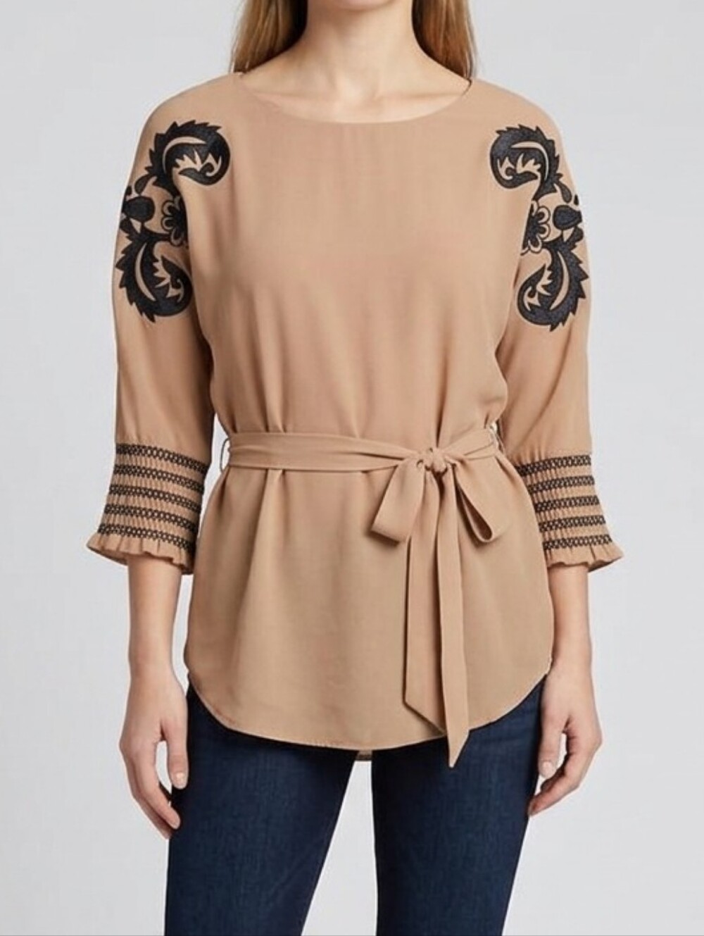 BKE Boutique Tan Embroidered Belted Tunic Blouse Sz S